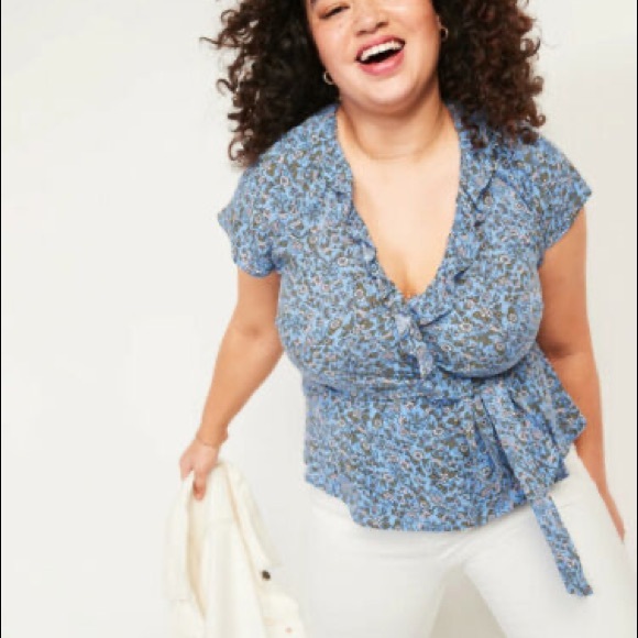Old Navy Tops - Old Navy Ruffled Sleeve Tie-Belt Top - Blue Floral